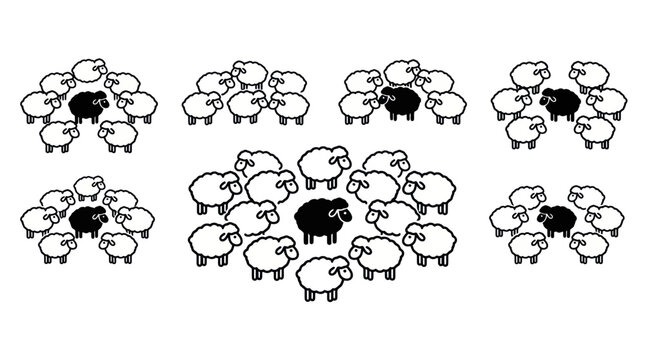 Black Sheep Standing Out From White Sheep Herd - Individuality Concept