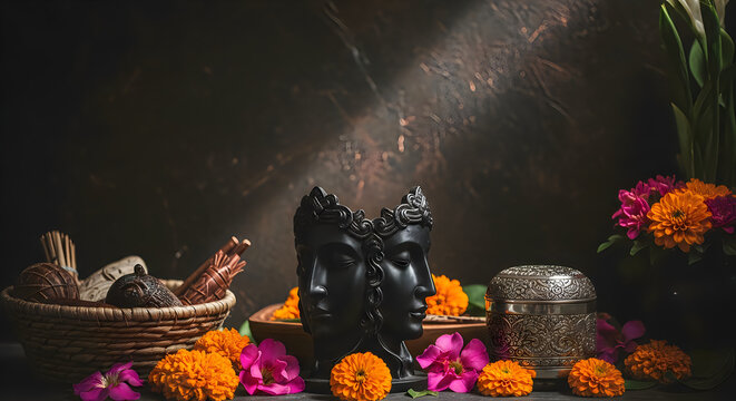 Dramatic still life with a two faced bust and marigold flowers in dark moody lighting