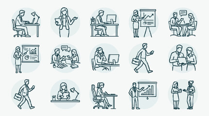 Fototapeta premium Clean Minimalist Line Art Illustrations of Modern Office Workflows and Business Activities in Monochrome