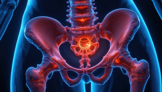 Glowing red human pelvis and spine with blue outline