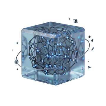 3D ai automation cube with glowing neural network core and floating particles on a transparent background for technology