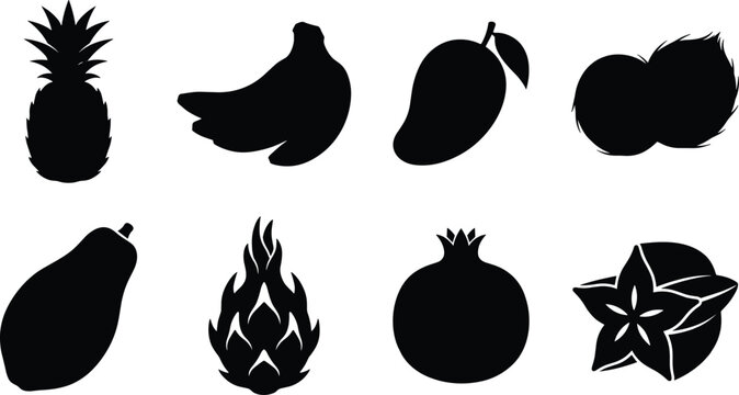 Tropical fruit vector icon set featuring black silhouettes of pineapple banana mango papaya dragon fruit and starfruit