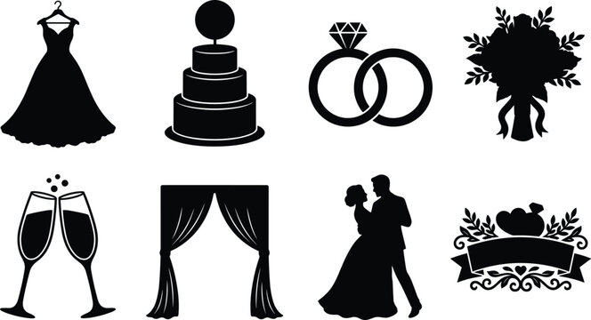 Wedding and marriage ceremony black silhouette icon set featuring bridal gown dress cake rings arch and champagne glasses