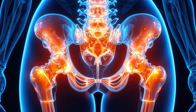 Glowing Human Pelvis and Hip Bones in Medical Imaging