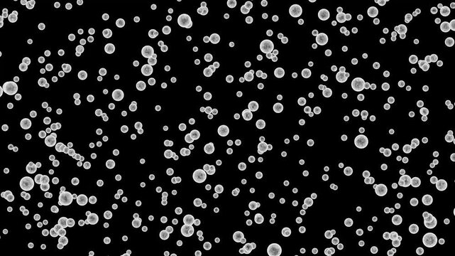 Scattered white bubbles floating on black background screen. Abstract liquid bubbles pattern for fresh water presentation. Animated bubbles loop.
