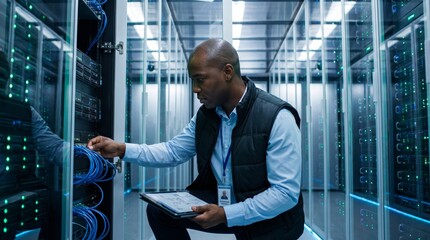 Fototapeta premium Data center technician managing server infrastructure with modern technology tools