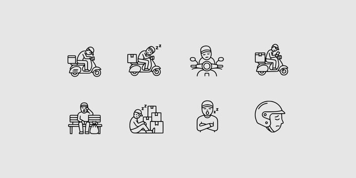 Icon set collection of tired delivery drivers and couriers feeling exhausted and sleepy while delivering packages on scooters.