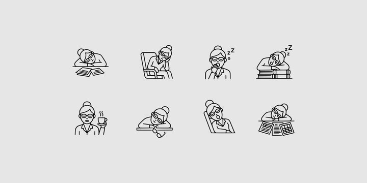 Icon set collection of tired and exhausted senior office workers or business women experiencing burnout while at their desks.