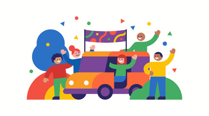 Fototapeta premium Diverse group celebrating and traveling in colorful van vector illustration.