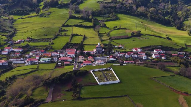 Fazenda das Lajes Village And Cemetery In Lajes das Flores, Flores Island In Azores, Portugal. - aerial shot