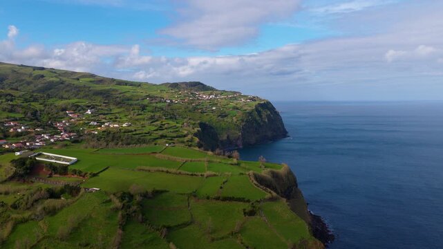 Dramatic Coastline Of Lajes das Flores In Flores Island, Azores, Portugal. - aerial shot