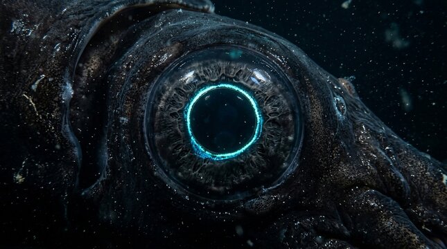 Close up of a glowing mechanical eye on a dark metallic creature.