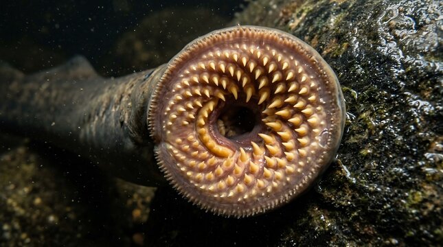 Close up of a parasitic lamprey mouth with sharp teeth.