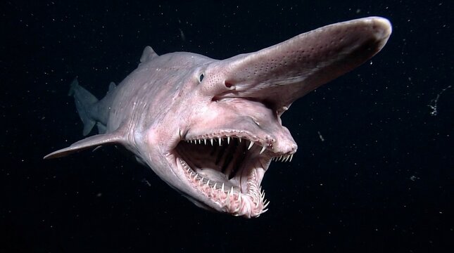 Close up of a rare goblin shark swimming in the deep ocean.