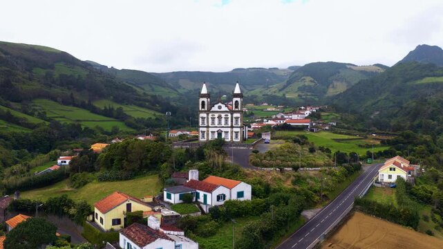 Igreja de Nossa Senhora de Lourdes In Fazenda de Santa Cruz In Azores, Portugal. - aerial shot