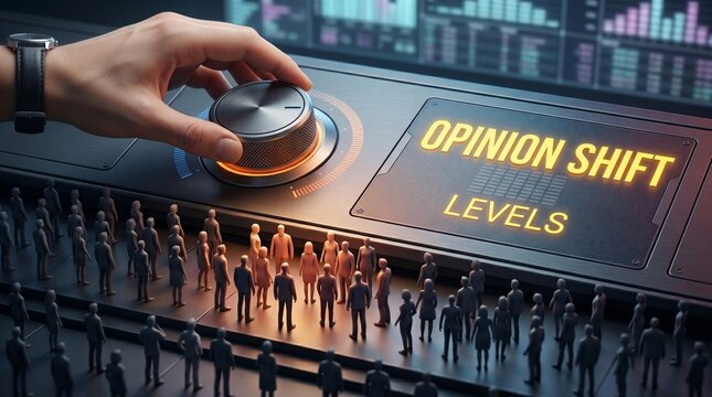 A hand adjusts a control dial on a console to influence opinion shift levels among a crowd of miniature figures in this conceptual digital manipulation scene