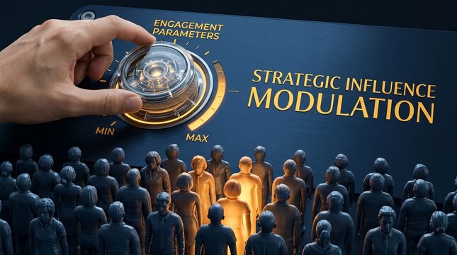 A hand turns a dial to increase strategic influence modulation over a crowd of stylized figures representing social manipulation