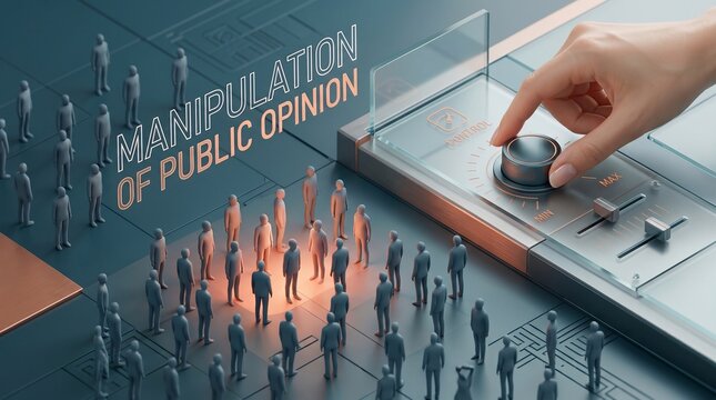 A human hand adjusting a control knob to influence a crowd of small figures representing the concept of social engineering and the manipulation of public opinion