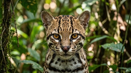 Fototapeta premium Close up portrait of a wild ocelot in the tropical rainforest.