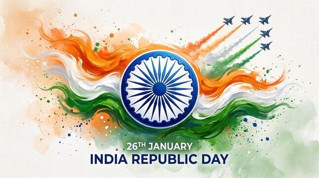 India Republic Day greeting banner with Ashok Chakra, artistic watercolor tricolor splash, and fighter jets leaving smoke trails vector illustration.
