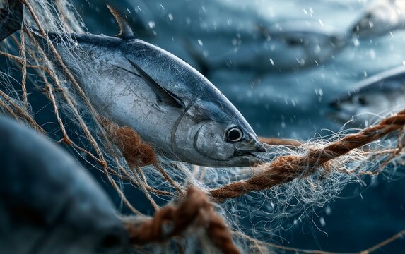 Tuna Swimming Through Ghost Net in Ocean Clarity with Beautiful Lighting