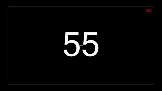 Digital Countdown Timer 60 to 0 Seconds with Recording Frame Overlay on Black Background with record symbol