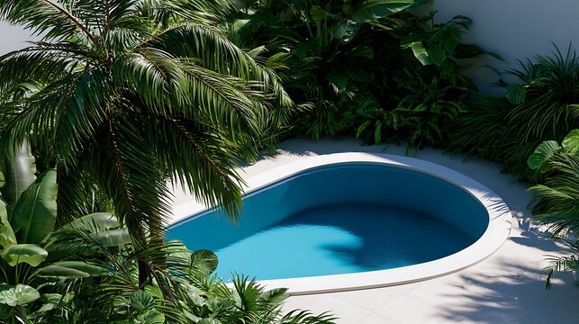 Secluded blue kidney-shaped pool surrounded by lush green tropical plants