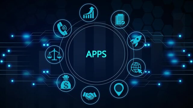 Digital app ecosystem animation with glowing on dark background, digital apps animation, glowing app tech, app interface