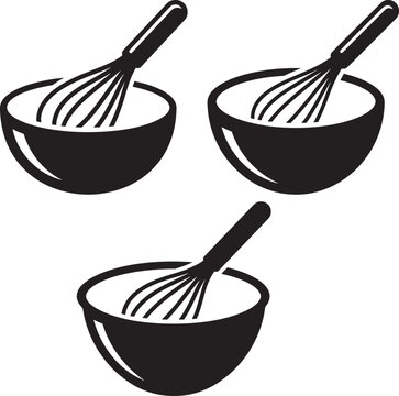 Mixing bowls and whisks silhouette icons for baking with utensils silhouette preparation culinary illustration minimalist isolated equipment cookingware kitchenware ingredients whipping