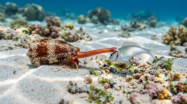 Cone Snail Hunting Fish Underwater on Tropical Seabed.
