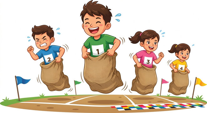 Sack Race Jump Action Cartoon Illustration