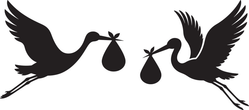 Storks carrying baby bundles silhouettes set with delivery silhouette graphics pregnancy parenting announcement illustration isolated creative folklore collection movement birdlife