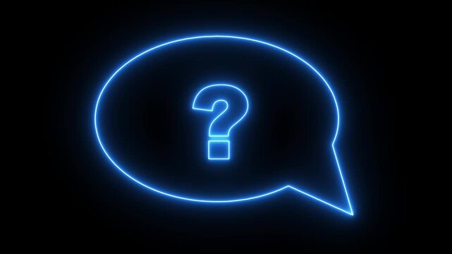 Neon blue question mark inside speech bubble outline. Technical support icon for customer account help desk inquiry. Animated question mark loop.