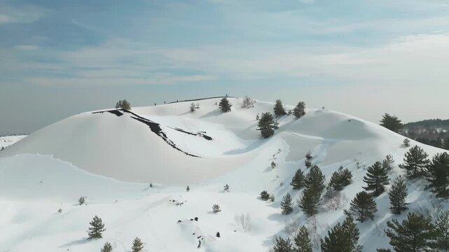Aerial view of snow-covered pine trees scattered on a mountain ridge during winter. Mount Etna Sicily