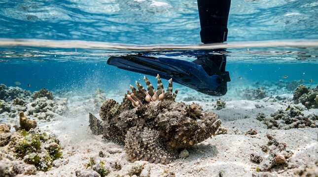 Diver flipper dangerously close to a venomous stonefish on the ocean floor.