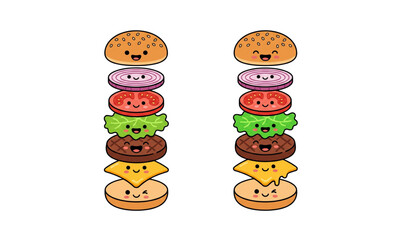 Fototapeta premium Cute burger ingredients vector pack kawaii deconstructed fast food sticker collection