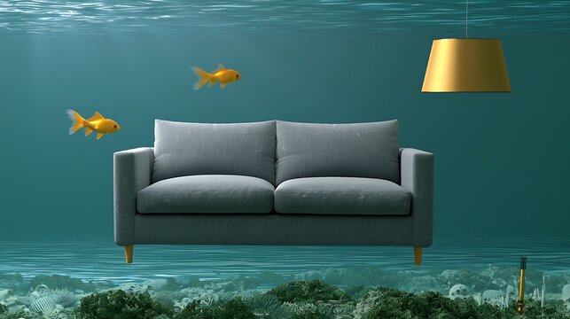 Modern gray sofa floating underwater with goldfish and hanging lamp surreal