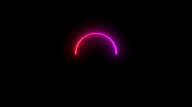 A minimalist abstract displaying a bright neon pink and purple glowing arc or semi-circle shape centered against a stark black background symbolizing a loading indicator or a partial circle of