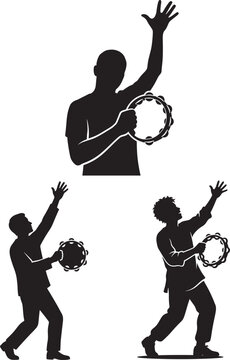 Set of human silhouettes playing tambourine musical instrument isolated on white background with tambourine musician silhouette percussion instrument musically performance percussionist