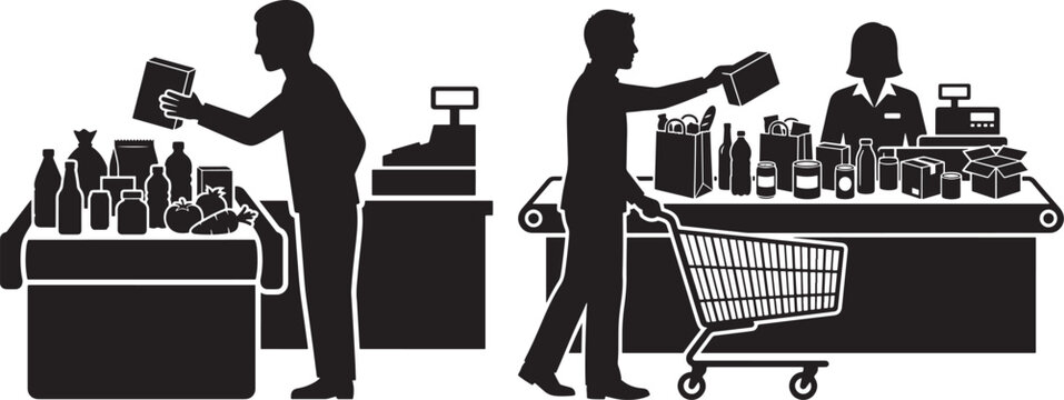Black and white silhouette icons of a supermarket shopping checkout process with supermarket shopping checkout customer purchase transaction business consumer commerce consumerism retailer