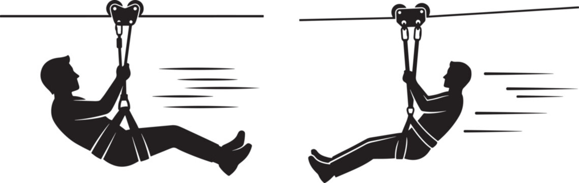 Set of black silhouettes showing people riding on zip line adventure sport with adventure activity recreation silhouette movement vacation excitement adrenaline isolated illustration