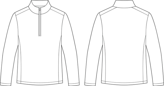 Men quarter zip long sleeve sweatshirt technical sketch vector illustration front and back views mockup.