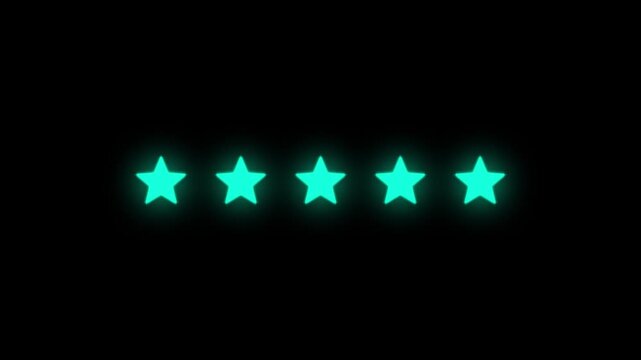 A row of five bright cyan glowing stars with a soft aura is presented horizontally against a deep black background, visually representing a five-star rating system or a score in a dark, modern, and