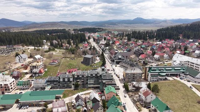 Aerial View of Zabljak, Ski Resort Town on Durmitor Mountain Montenegro in Summer Season, Drone Shot