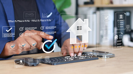 Business professional reviewing digital property inspection, real estate evaluation, compliance...