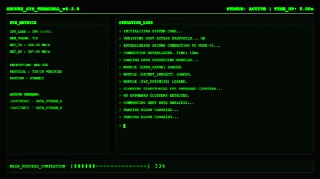 Futuristic green computer terminal hacking code hud interface animation.