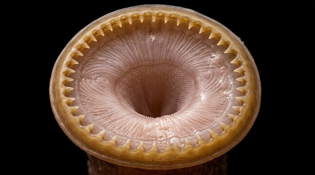 Extreme close up of a parasitic sea lamprey mouth with sharp teeth.