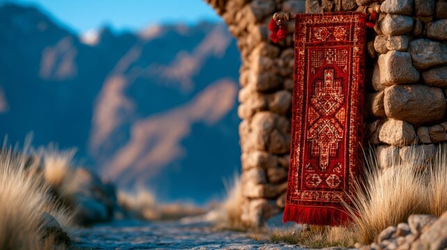 Traditional Andean Textile Displayed Under Stone Arch in Scenic Landscape