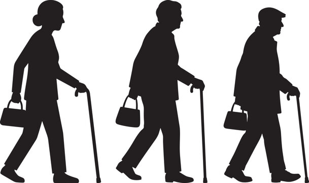 Three senior citizens walking with canes silhouette collection silhouette mobility lifestyle illustration isolated movement activity character seniority physical accessible maturity