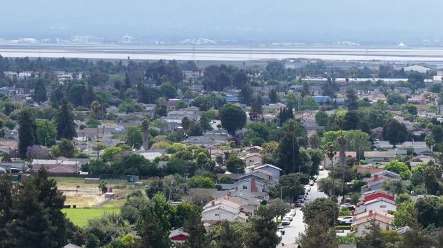 Fresno residential suburb spreads beneath dense tree canopy, rooftops and winding quiet streets weave through California neighborhood under hazy summer afternoon haze. Aerial drone wide shot
